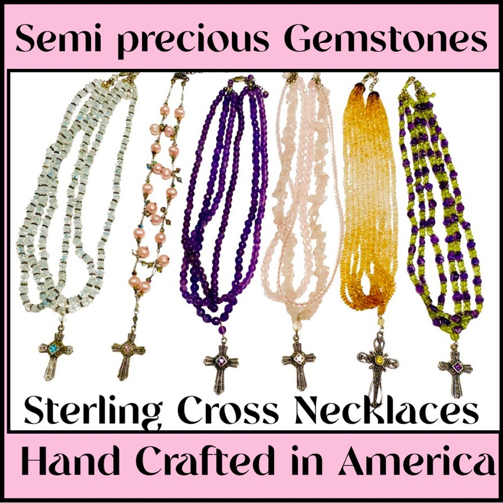 6) Cross Necklaces Sterling Silver Gemstones Handmade in America